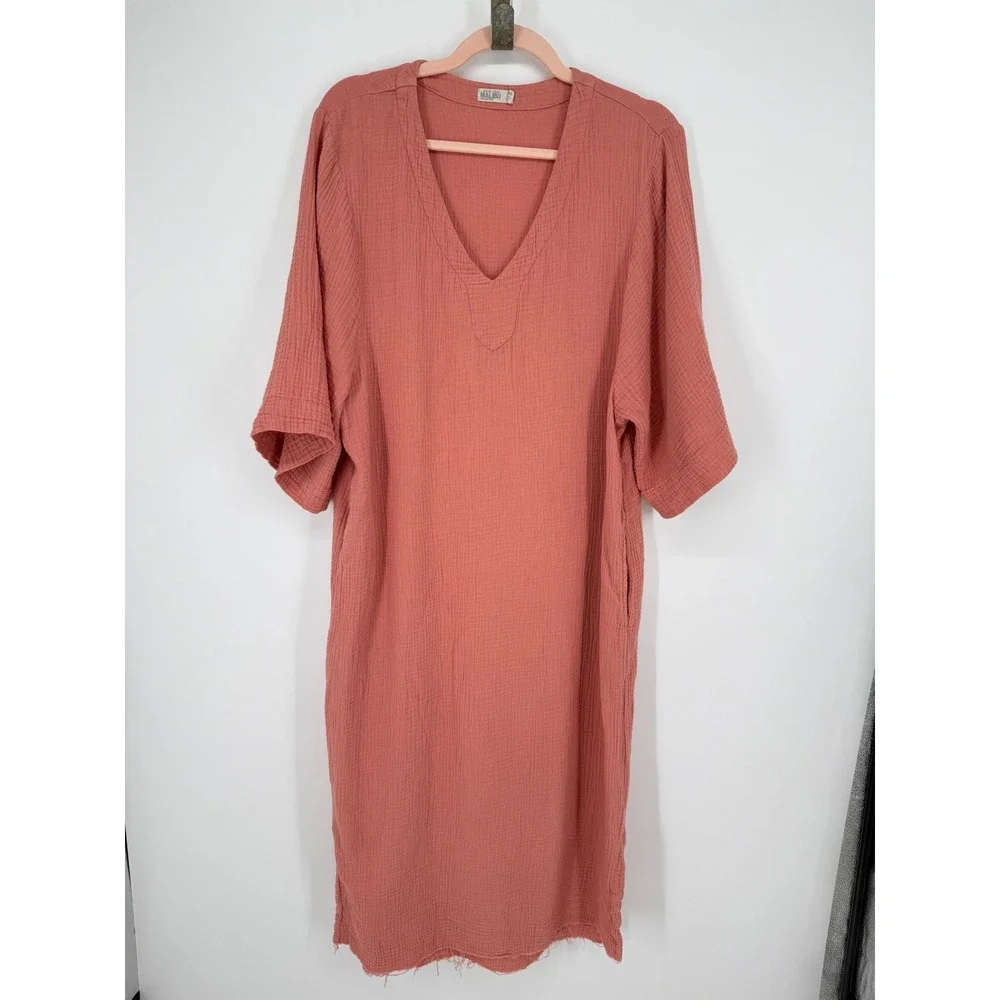 Barefoot Dreams Malibu Maxi Dress Women XS Coral Cotton Gauze V-Neck Beach Cover - Picture 2 of 8